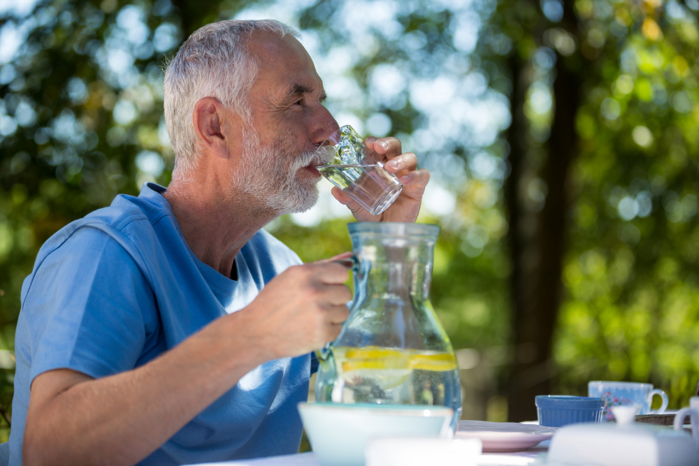Man drinking clean, filtered water after carbon filtration improves taste and chlorine removal in a Texas home