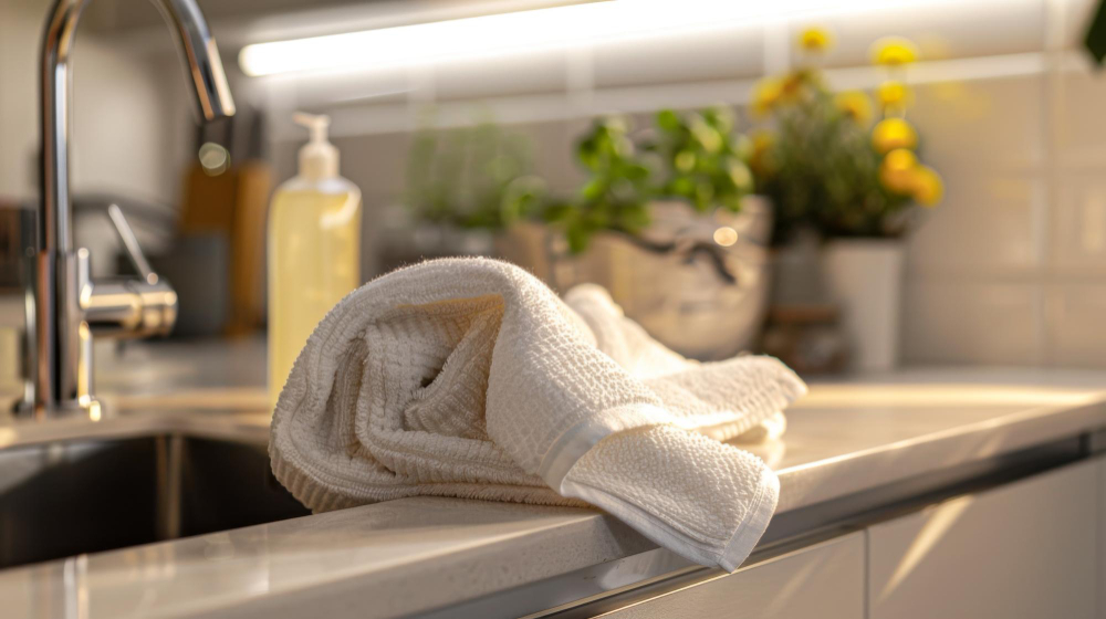 Clean kitchen sink and soft towels showing the everyday benefits of a simple water softener in a Texas home