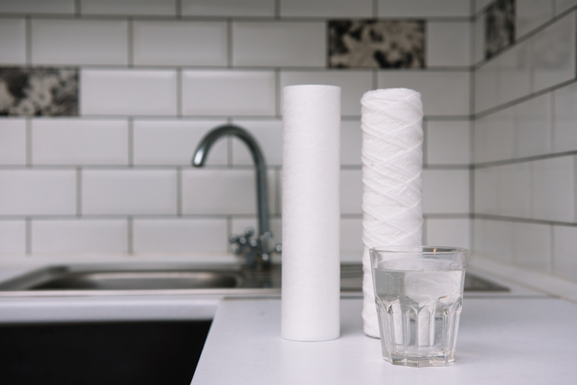 Carbon water filter cartridges and a glass of tap water on a Texas home kitchen counter
