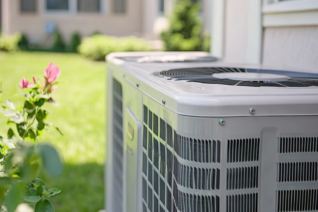 Residential HVAC unit installed outside a Texas home designed to improve indoor air quality and whole-home air filtration performance.